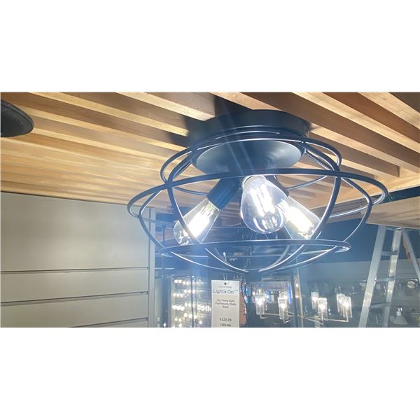 GROUP OF 3 FLUSH MOUNT LIGHTS. 2 ARE JAX 3 LIGHT FLUSH MOUNT MATTE BLACK-1 IN BOX, & BLACK