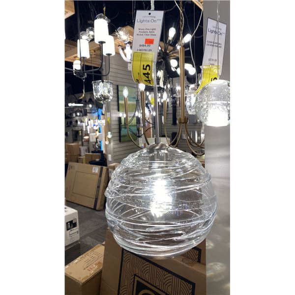 GROUP LOT OF 5 BESA LIGHTING WAVE SINGLE LIGHT PENDANTS. SATIN NICKEL, CLEAR GLASS. RETAIL $2400