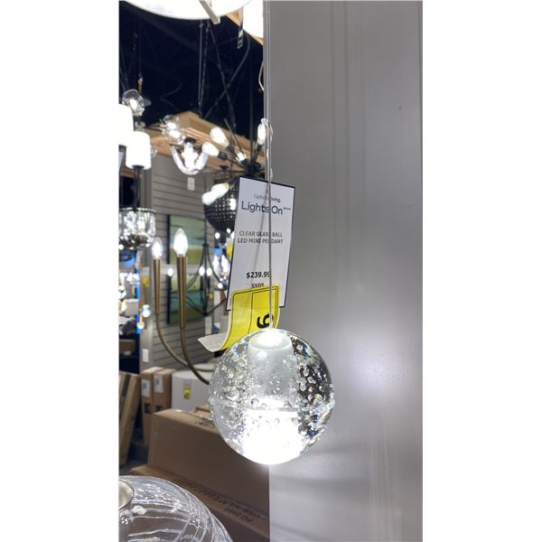 PAIR OF BETHEL, CLEAR GLASS BALL MINI PENDANT. LED. RETAIL $480. ONE IN BOX