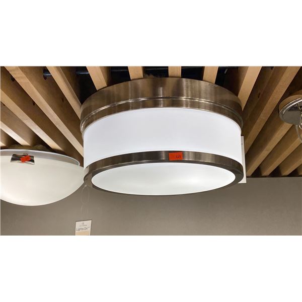 GROUP OF 4 FLUSH MOUNT CEILING LIGHTS. BRUSHED NICKEL. ONE IS IN BOX. RETAIL $500