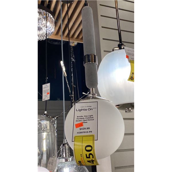 PAIR OF MITZI, BRIELLE SINGLE LIGHT PENDANTS. POLISHED NICKEL, OPAL ETCHED GLASS. ONE IS IN BOX.