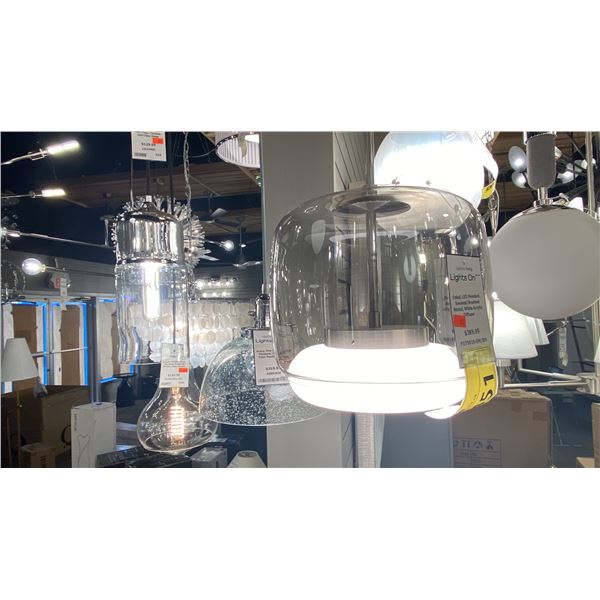 PAIR OF KUZCO BENKL LED PENDANT LIGHTS. SMOKED GLASS, BRUSHED NICKEL, WHITE ACRYLIC DIFFUSER.