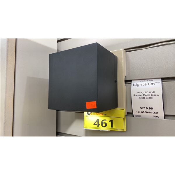 PAIR OF MAXILITE DICE LED WALL SCONCE. MATTE BLACK, CLEAR GLASS. 1 IN BOX. RETAIL $440