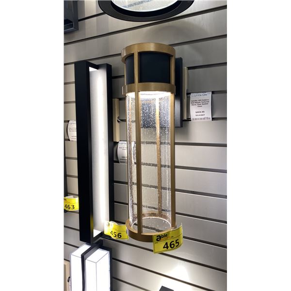 CAMILLO LED OUDOOR WALL MOUNT. TEXTURED BLACK AND BRONZE, CLEAR SEEDED GLASS. RETAIL $670