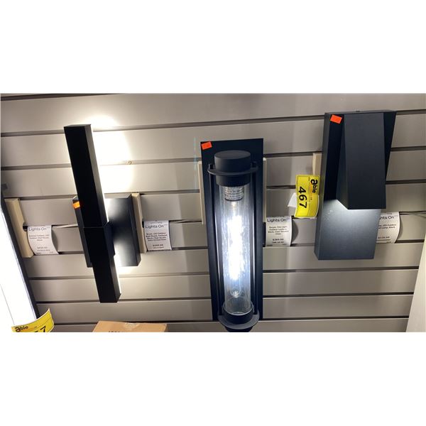 GROUP OF 5 OUTDOOR LIGHTS. MATTE BLACK, LED, VARIOUS SIZES, 1 IN BOX. TOTAL RETAIL +$1000