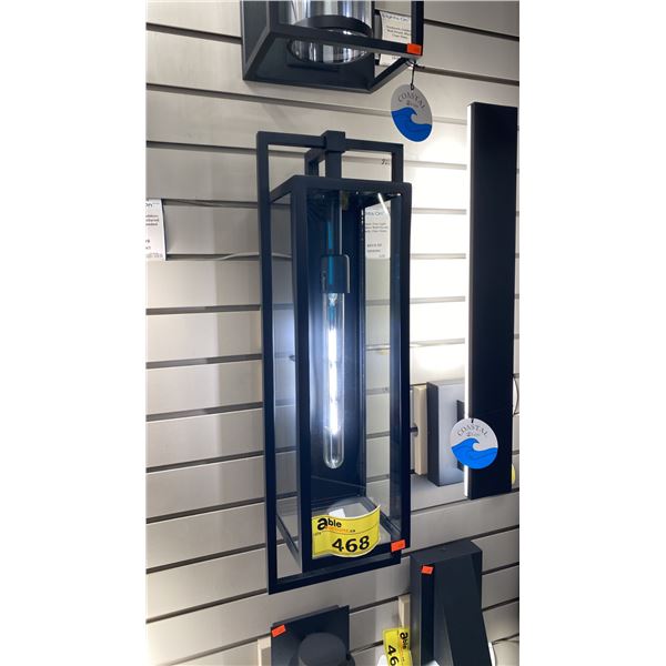 GROUP OF 3 LARGE OUTDOOR WALL MOUNT BLACK METAL FRAMED AND DESIGN GLASS DETAIL. RETAIL $1300