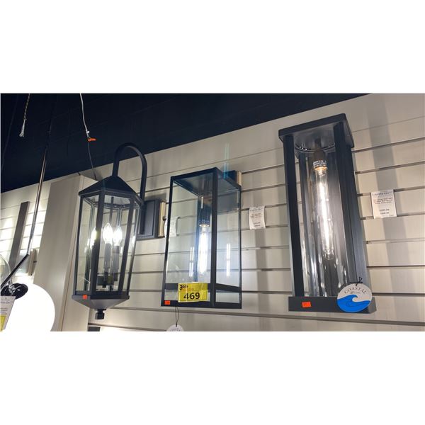 GROUP OF 3 OUTDOOR LIGHTS. BLACK METAL, GLASS LENSES. RETAIL +$1000