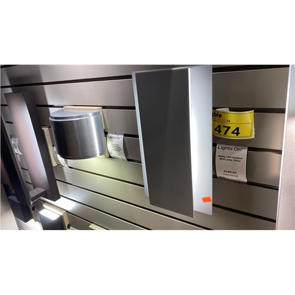 GROUP OF 4 LIVING DISTRICT RAIN. LED OUTDOOR WALL LAMPS. SILVER. RETAIL $800