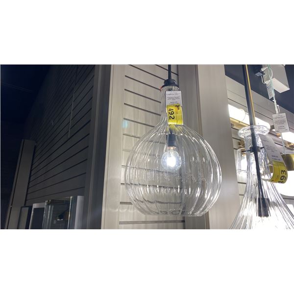PAIR OF SAVOY HOUSE BRANDON SINGLE LIGHT PENDANT. MATTE BLACK, CLEAR FLUTED GLASS. 16"D