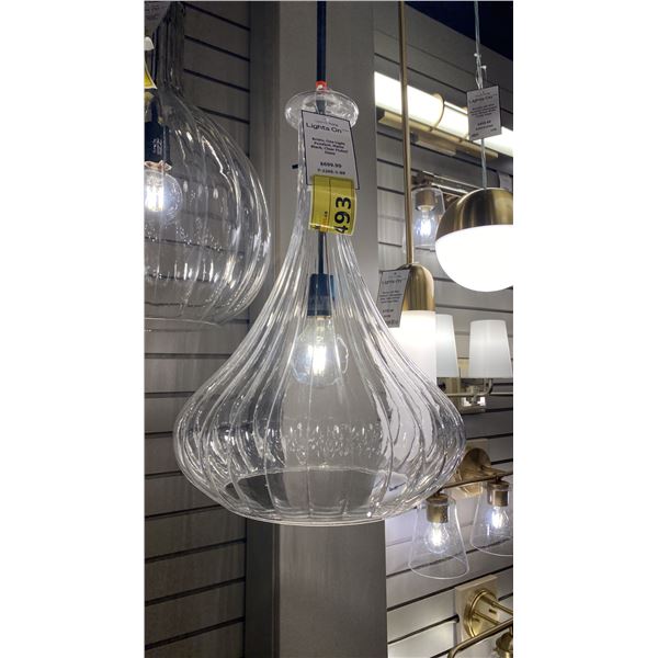 SAVOY HOUSE BRISTO SINGLE LIGHT PENDANT. MATTE BLACK, CLEAR FLUTED GLASS. 14"D RETAIL $1400.