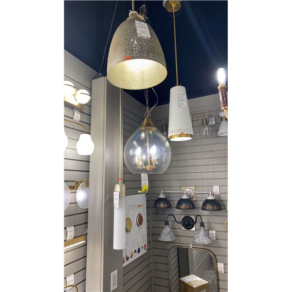 GROUP OF 4 PENDANT LIGHTS. VARIOUS SIZES. RETAIL $2100