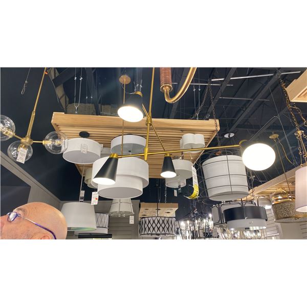 SIGNORET 4 LIGHT CHANDELIER. BURNISHED BRASS, MIDNIGHT BLACK 36+" RETAIL $1250