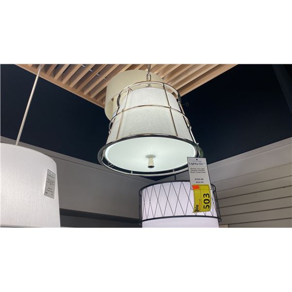 PAIR OF HUDSON VALLEY SAVONA 2 LIGHT PENDANTS. POLISHED NICKEL, CREAM GLASS AND FABRIC. 16"D