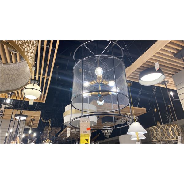 2 CHANDELIERS. BLACK FRAME. BURNISHED BRASS ACCENTS. RETAIL $1700