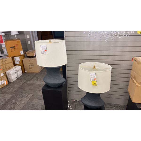 PAIR OF BONE SINGLE LIGHT TABLE LAMPS. ROUGH BLACK CERAMIC, WHITE LINEN. RETAIL $1460