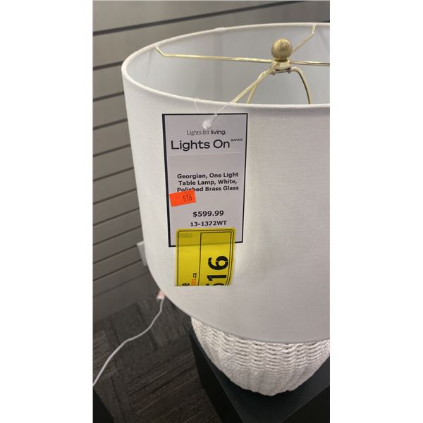 PAIR OF GEORGIAN SINGLE LIGHT TABLE LAMPS. WHITE WICKER LIKE WITH WHITE HARDBACK. RETAIL $1200