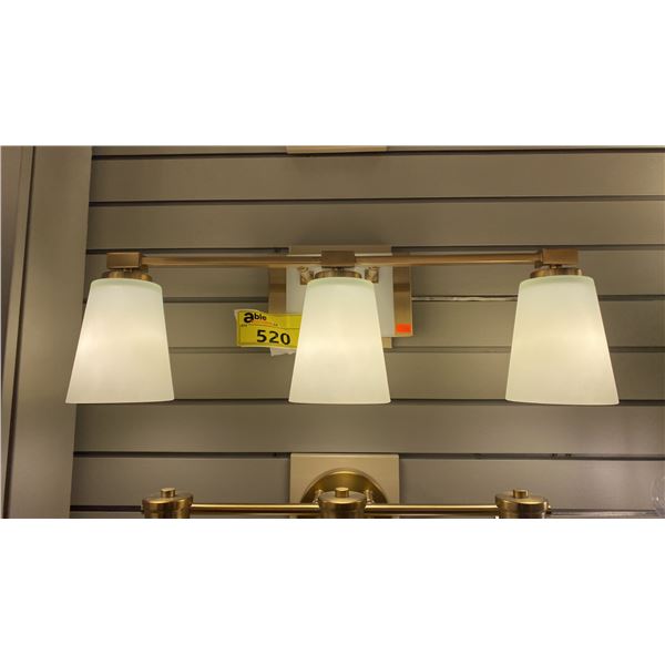 GROUP OF 3 SAVOY HOUSE BATHROOM VANITY LIGHTS. 1 IS 4 LIGHT, 2 ARE 3 LIGHT. DARBY, WARM BRASS, WHITE