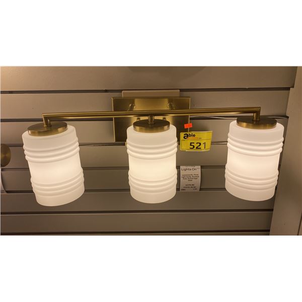 PAIR OF DESIGNERS FOUNTAIN, LEAVENWORTH, 3 LIGHT VANITY FIXTURES. BRUSHED GOLD, ETCHED OPAL GLASS.