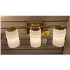 Image 1 : PAIR OF DESIGNERS FOUNTAIN, LEAVENWORTH, 3 LIGHT VANITY FIXTURES. BRUSHED GOLD, ETCHED OPAL GLASS.