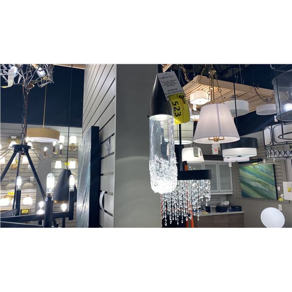 FRITZ SINGLE LIGHT LED PENDANT. DARK SMOKE, CLEAR CUSTOM ART GLASS. 17"H RETAIL $1030