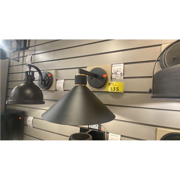 GROUP OF 10- 9 IN BOXES. VAXCEL DUNBAR OUTDOOR WALL LIGHT. MATTE BLACK, GOLD METAL SHADE.