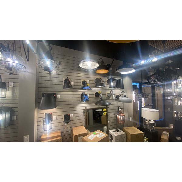 LARGE GROUP OF 31 OUTDOOR WALL MOUNT LIGHTS. 17 IN BOXES. RETAIL $10,500