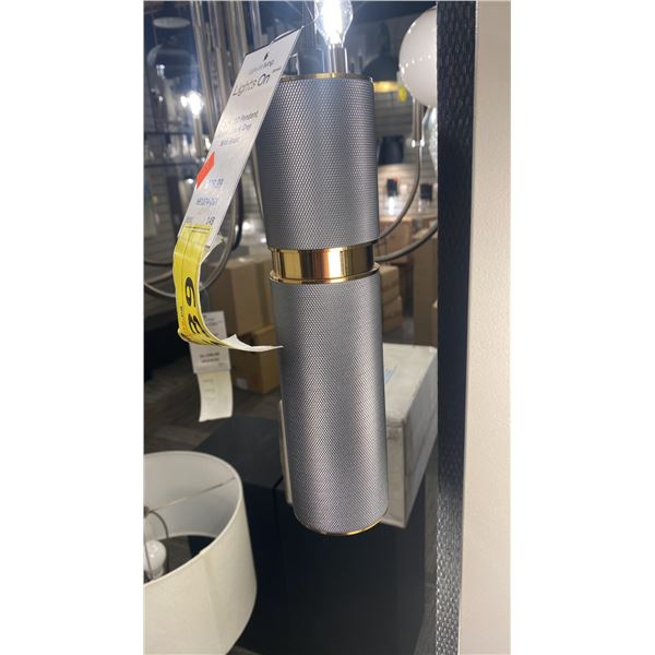 GROUP OF 3 AVENUE LIGHTING GORGEOUS CICADA LED PENDANT LIGHTS. KNURLED DARK GRAY METAL WITH BRASS.