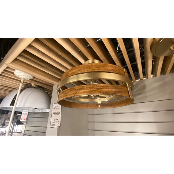 PAIR OF DESIGNERS FOUNTAIN ATWOOD 3 LIGHT SEMI FLUSH MOUNT. BRUSHED BRASS AND WOODGRAIN.