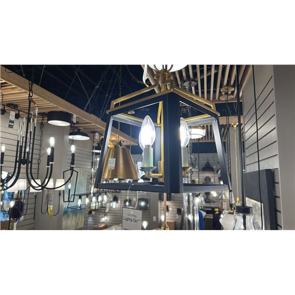 GROUP OF 3 HANGING LIGHTS. CARLO 4 LIGHT LANTERN, BLACK & BRASS, 36" BRASS CHANDELIER, ALDEN WARM