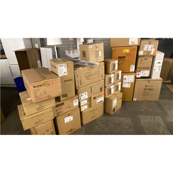 LARGE GROUP OF LIGHTS IN BOXES. INDOOR, OUTDOOR, PENDANTS, ETC. APPROX 29