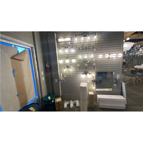 GROUP LOT OF 19 WALL SCONCES AND VANITY LIGHTS. 5 IN BOXES. DOES NOT INCLUDE MIRROR. RETAIL $8000