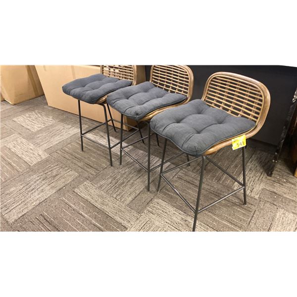 3 BAR HEIGHT STOOLS. BAMBOO WITH GRAY CUSHIONS