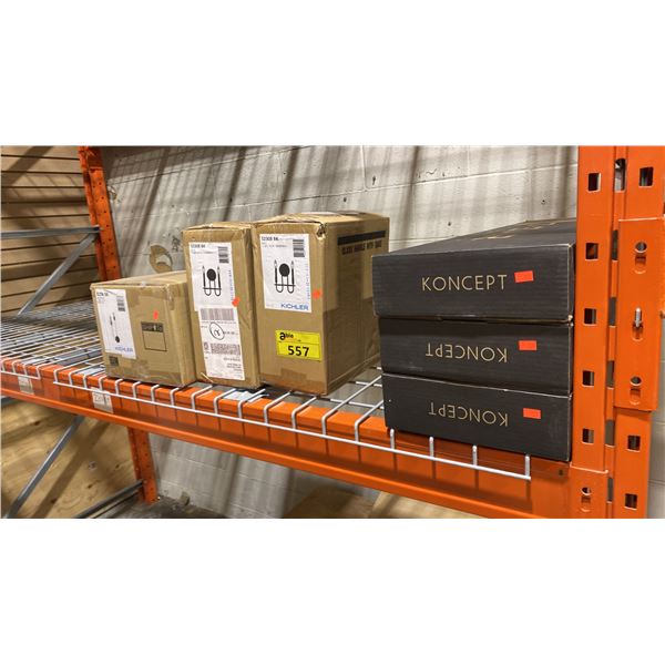 SHELF LOT IN STOREROOM 1. 3 X KONCEPT Z BAR PENDANT LED LIGHTS, 2 X KICHLER BLACK CANDELABRAS,