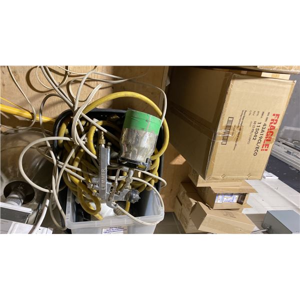 GROUP LOT CONTENTS ON TOP OF MEZZANINE IN STOREROOM 1. 5 HP RIDGID SHOP VAC, HALOGEN JOB LIGHT,