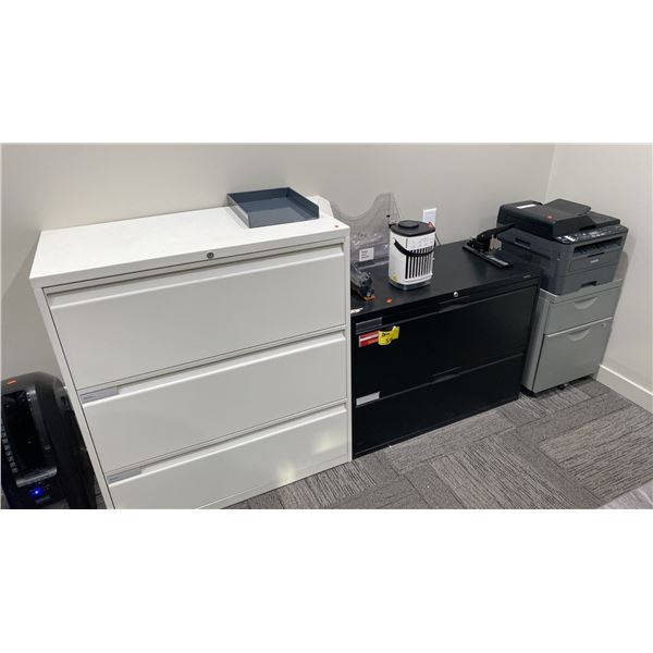 2 METAL LATERAL FILING CABINETS, 2 DRAWER PEDESTAL CABINET, PAPER SHREDDER,  BROTHER LASER PRINTER
