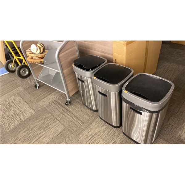 GROUP LOT OF 3 SENSING GARBAGE CAN, ROLLING WOODGRAIN BOOK RACK, WOOD COASTERS, WOOD TURNTABLE,