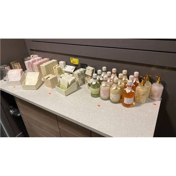LARGE GROUP LOT OF THYMES. BUBBLE BATH, SOAP, SCENTED CANDLES, SALTS, PERFUMES, CREAMS, SACHET,