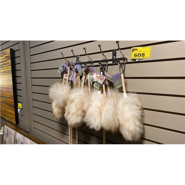 GROUP LOT OF LAMBSWOOL DUSTERS AND WALL HANGING RACK. APPROX 16