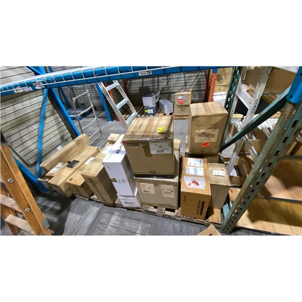 SHELF LOT OF SEVERAL BOXES OF CEILING LIGHTS, WALL SCONCES, OUTDOOR LIGHTS, ETC LOCATED IN