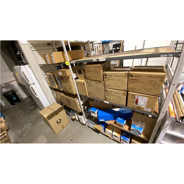 RACKING WITH CONTENTS. ASST LIGHTS, SHADES, ETC. APPROX 11 OUTDOOR, PENDANTS, AND OTHER COMPONENTS