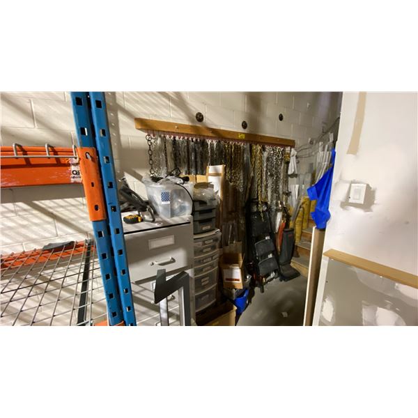 LARGE GROUP LOT OF SERVICE PARTS, CEILING CHAINS, MOLDINGS, BINS OF PARTS, FILE CABINET WITH PARTS,
