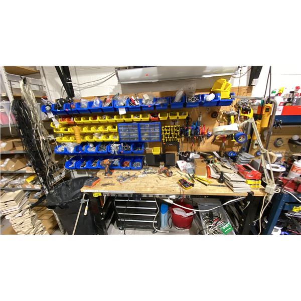 VERY LARGE WORKBENCH WITH MASSIVE AMOUNT OF TOOLS AND CONTENTS. SEE PHOTOS