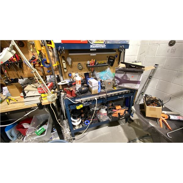 BLUE WORKBENCH WITH CONTENTS AS PER PHOTOS. DIGITAL MULTI METER, VISE, GRINDER, ETC