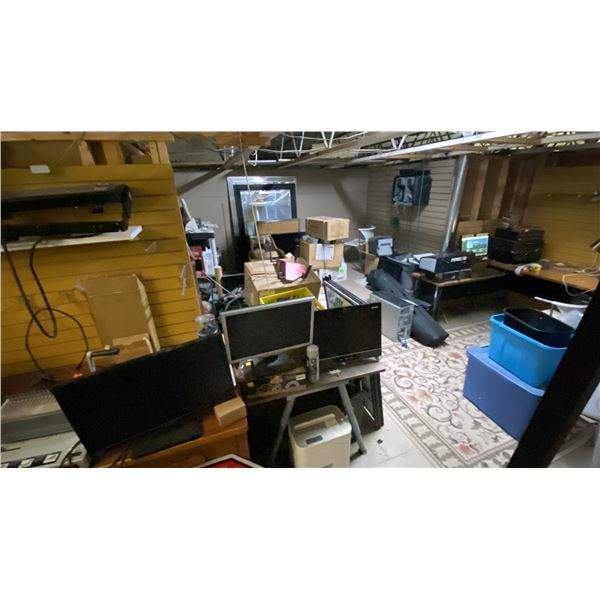 CONTENTS OF UPSTAIRS ROOM ON STOREROOM 2. PRINTERS, STEREO, TURNTABLE, LABEL PRINTER, LATERAL FILE