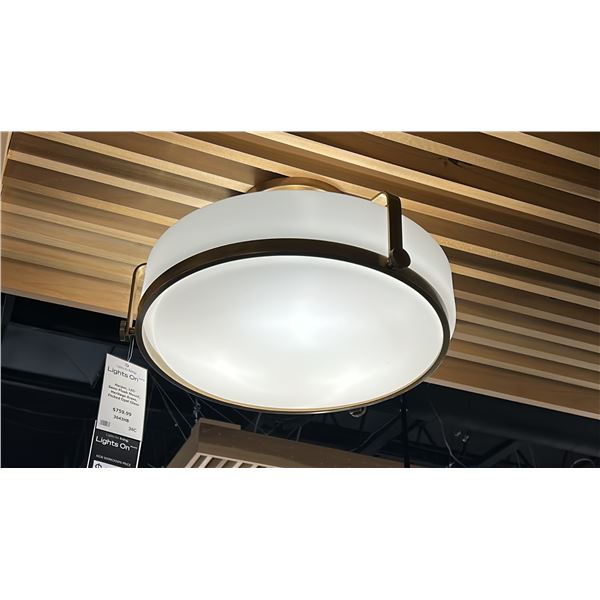 GROUP OF 4 CEILING LIGHTS. HARPER SEMI FLUSH LED, HERITAGE BRASS, OPAL GLASS, 24" BLACK CHANDELIER