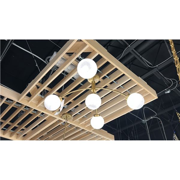 REDFIELD SEMI FLUSH 5 LIGHT, WARM BRASS, WHITE STRIE GLASS.