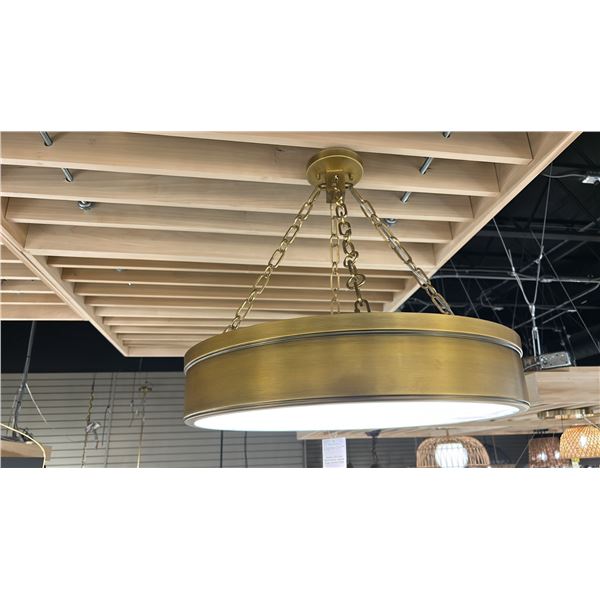 ANDERS, LED, SEMI FLUSH MOUNT. RUBBED BRASS. MARBLED GLASS, 22". $970 RETAIL.