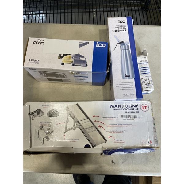 FRENCH FRY CUTTER  MADOILIN WITH WHIPPING CREAM DISPENSER AND EGG TOPPER