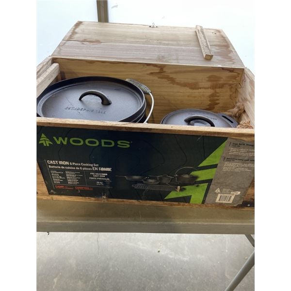 WOODS CAST IRON CAMP COOKING SET IN WOOD CRATE