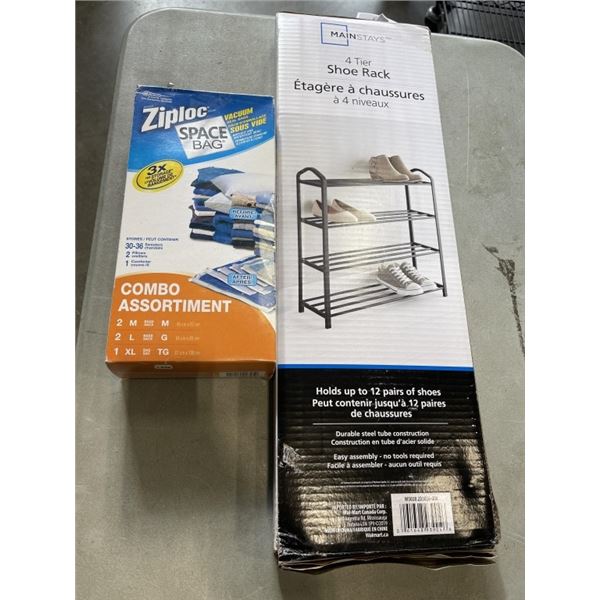 MAINSTAYS SHOE RACK AND ZIPLOCK SPACE BAGS